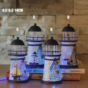 14/18CM LED Seven Colors Iron Lighthouse Nautical Themed Rooms Home Handmade Figurine Lighthouse Sculpture Random Style 1