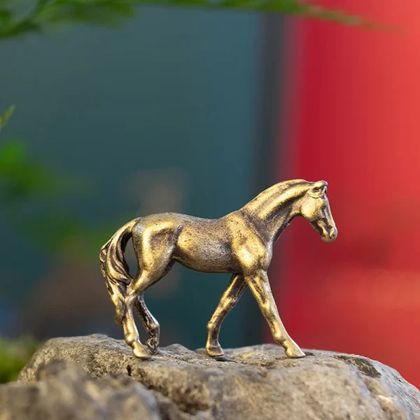 Antique Brass Solid Long Tail Horse Figurine Miniature Feng Shui Ornament Copper Zodiac Animal Mini Desktop Decoration Craft New 5