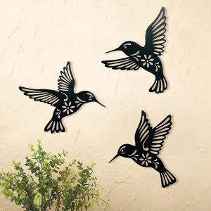 3pcs Metal Hummingbird Wall Art Decoration Hollow Out Iron Bird Sculpture Waterproof Wall Hanging Figurines Ornament Home Decor 1