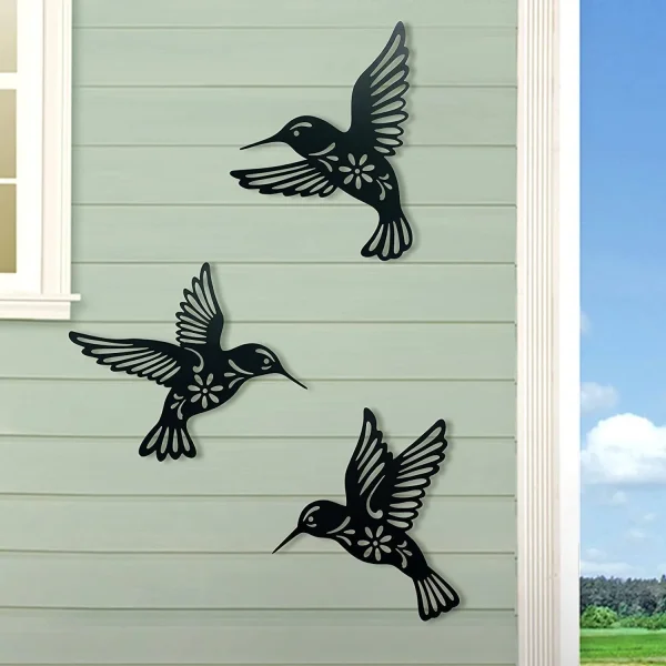 3pcs Metal Hummingbird Wall Art Decoration Hollow Out Iron Bird Sculpture Waterproof Wall Hanging Figurines Ornament Home Decor 4