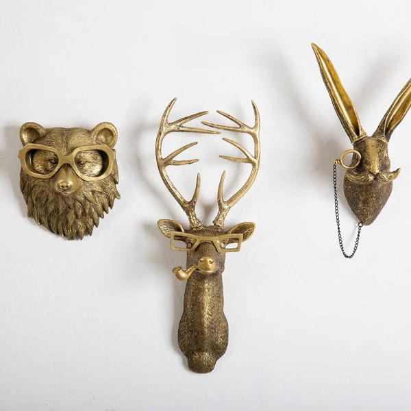 Nordic Bronzed Resin Animal Head Sculpture Pendant with Glasses Wall Mounted Bear Mouse Statue Figurine Hanging Pendant Ornament 1