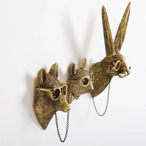Nordic Bronzed Resin Animal Head Sculpture Pendant with Glasses Wall Mounted Bear Mouse Statue Figurine Hanging Pendant Ornament 3