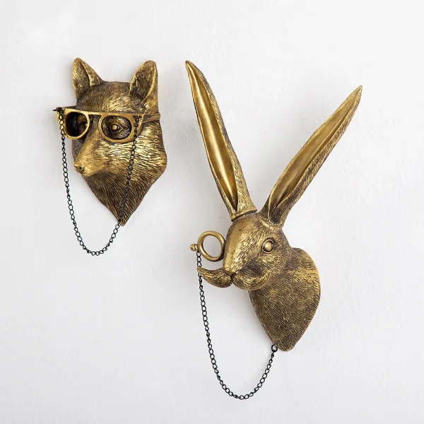 Nordic Bronzed Resin Animal Head Sculpture Pendant with Glasses Wall Mounted Bear Mouse Statue Figurine Hanging Pendant Ornament 4