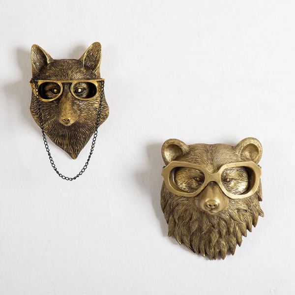 Nordic Bronzed Resin Animal Head Sculpture Pendant with Glasses Wall Mounted Bear Mouse Statue Figurine Hanging Pendant Ornament 5