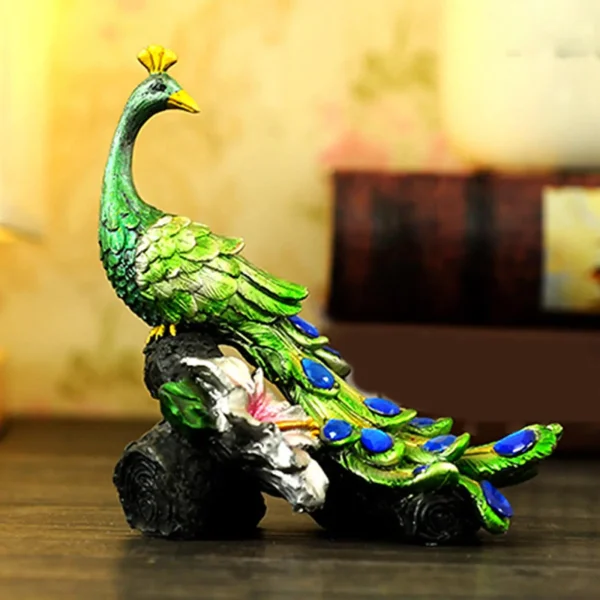 Peacock Figurine Sculpture Resin Peacock Stand On Stump Style Statue for Bookshelf Living Room Home Decor Collectible 4