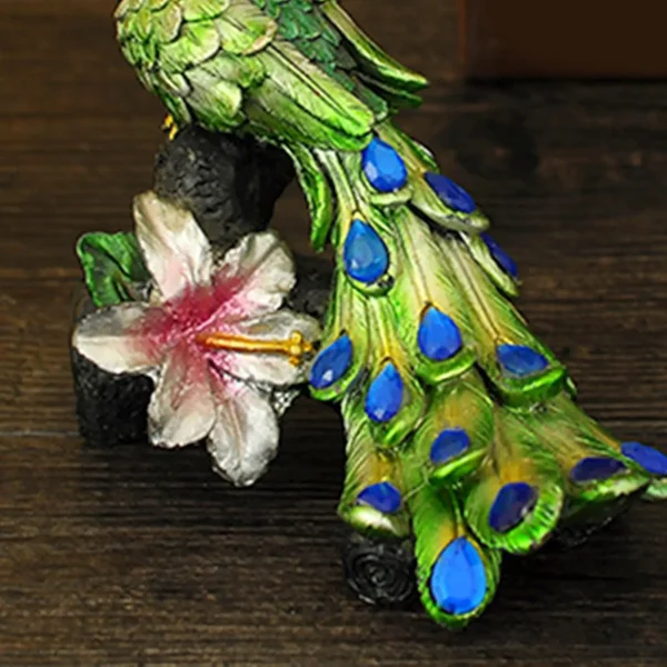 Peacock Figurine Sculpture Resin Peacock Stand On Stump Style Statue for Bookshelf Living Room Home Decor Collectible 6