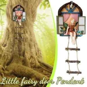 Home Garden Decor Fairy House Tree Hanging Sculpture Window Ladder Resin Statue Figurine Outdoor Ornament Yard Art Decor 1