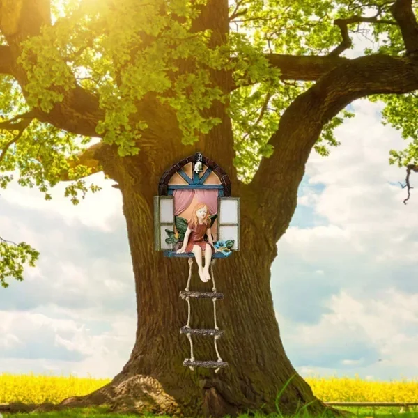 Home Garden Decor Fairy House Tree Hanging Sculpture Window Ladder Resin Statue Figurine Outdoor Ornament Yard Art Decor 2