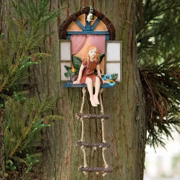 Home Garden Decor Fairy House Tree Hanging Sculpture Window Ladder Resin Statue Figurine Outdoor Ornament Yard Art Decor 3