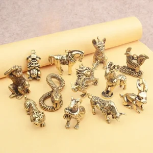 Retro Chinese Twelve Zodiac Statues Bull Dragon Ornament Sculpture Copper Miniatures Figurines Zodiac Key Pendant Home Decor 1