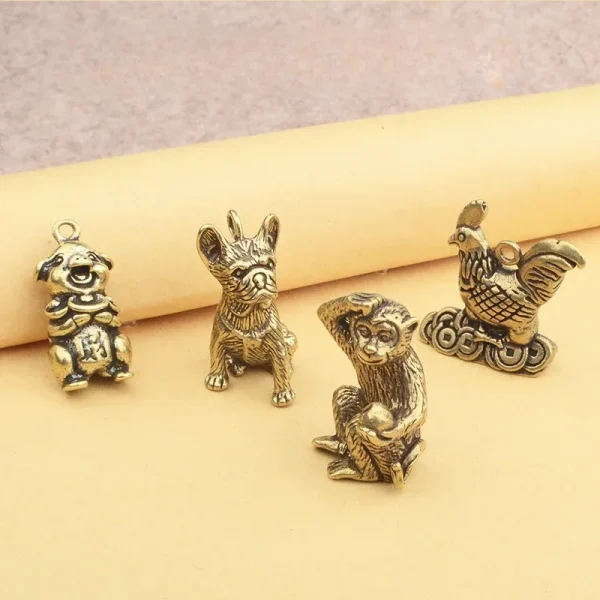 Retro Chinese Twelve Zodiac Statues Bull Dragon Ornament Sculpture Copper Miniatures Figurines Zodiac Key Pendant Home Decor 3