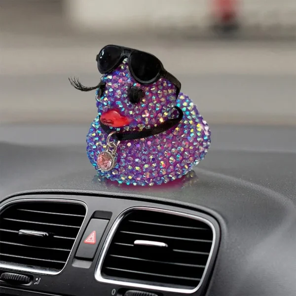 Rhinestone Duck Figurine Sparkling Little Duck Statue Sculpture with Sunglasses Necklace Car Dashboard Small Duck Ornament 1