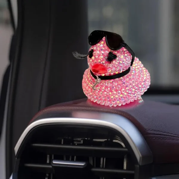 Rhinestone Duck Figurine Sparkling Little Duck Statue Sculpture with Sunglasses Necklace Car Dashboard Small Duck Ornament 3