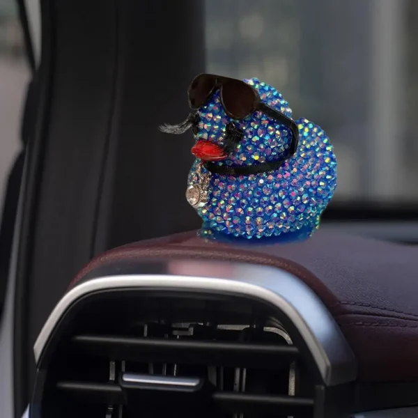 Rhinestone Duck Figurine Sparkling Little Duck Statue Sculpture with Sunglasses Necklace Car Dashboard Small Duck Ornament 4