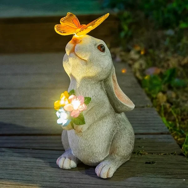 Solar Bunny Statue Garden Decor with Butterfly LED Light Resin Animal Sculpture Figurine Outdoor Decoration for Garden Courtyard 1