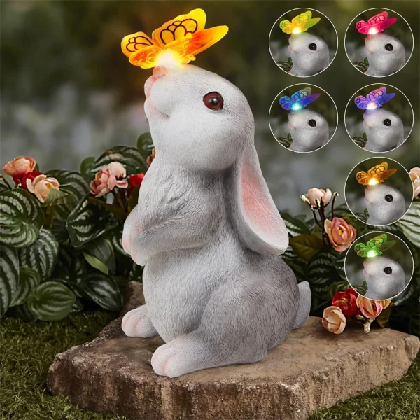 Solar Bunny Statue Garden Decor with Butterfly LED Light Resin Animal Sculpture Figurine Outdoor Decoration for Garden Courtyard 2