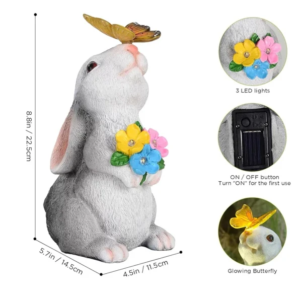 Solar Bunny Statue Garden Decor with Butterfly LED Light Resin Animal Sculpture Figurine Outdoor Decoration for Garden Courtyard 3