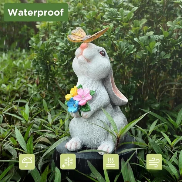 Solar Bunny Statue Garden Decor with Butterfly LED Light Resin Animal Sculpture Figurine Outdoor Decoration for Garden Courtyard 4