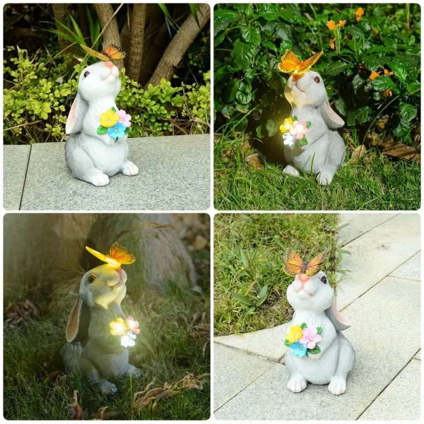Solar Bunny Statue Garden Decor with Butterfly LED Light Resin Animal Sculpture Figurine Outdoor Decoration for Garden Courtyard 5