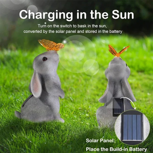 Solar Bunny Statue Garden Decor with Butterfly LED Light Resin Animal Sculpture Figurine Outdoor Decoration for Garden Courtyard 6