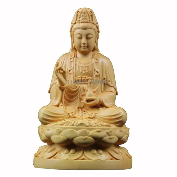 Wood Carving Guanyin Bodhisattva Figurine Buddha Sculpture Lucky Crafts Avalokitesvara Statue for Home Living Room Decoration 3