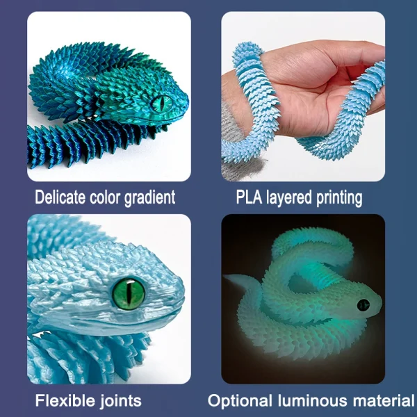 3D Printed Snake Luminous Movable Joint Simulation Snake Figurine Creative Home Office Desktop Decoration New Year Gifts Crafts 3