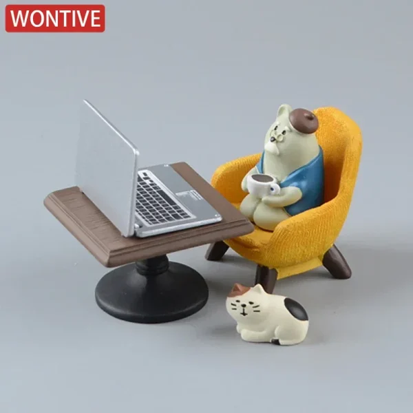 Cartoon Cat Frog Bear Yellow Chair Computer Office Model Mini Action Figures Resin Home Decor Accessories Desktop Figurine Toys 2