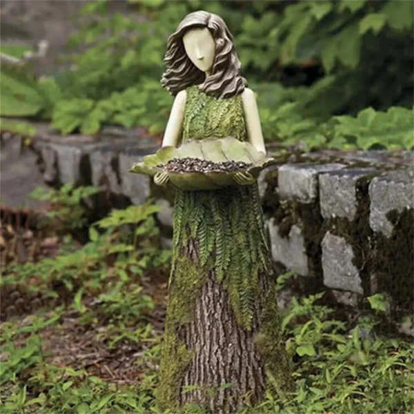 Green Fairy Statue Bird Feeder Resin Decoration Garden Forest Girl Sculpture Figurines Crafts Outdoor Lawn Garden Decoration New 2