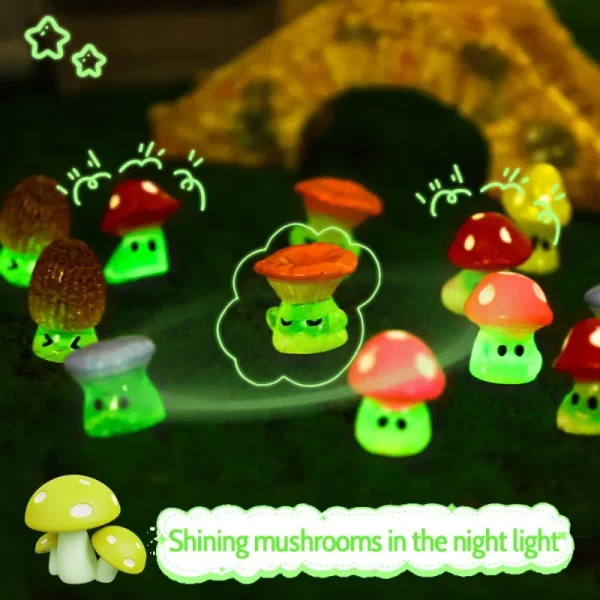 50/10PCS Mini Fluorescent Mushroom Luminous Garden Resin Figurines Decor Miniature Moss Microlandscape Landscape Crafts Decor 2