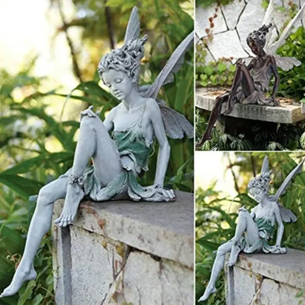Sitting Fairy Statue Garden Ornament Resin Decorative Sculpture Outdoor Lawn Yard Decor Home Backyard Weatherproof Angel Figurin 3