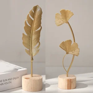 Golden Ginkgo Leaf Feather Metal Model Figurines Manual Desktop Crafts Ornaments Photo Props Statues Sculptures Home Decor 1