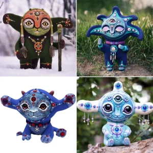 1pc Courtyard Garden Resin Statue Three Eyes Alien Statue Sculpture Fantasyland Creatures Ornaments Home Decor Elf Figurines 1
