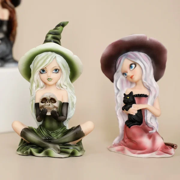 Witch Figurine with owl Halloween Decor Cat Witch Statue Black Cat Statue Witch home Decoration Sculpture Fairy Figure Gift 2