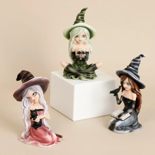Witch Figurine with owl Halloween Decor Cat Witch Statue Black Cat Statue Witch home Decoration Sculpture Fairy Figure Gift 4