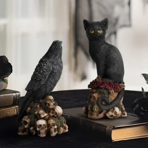 ERMAKOVA Resin Skull Head Sculpture Crow Black Cat Statue Figurine Creative Desktop Skull Figurine Home Office Decor Gift 1