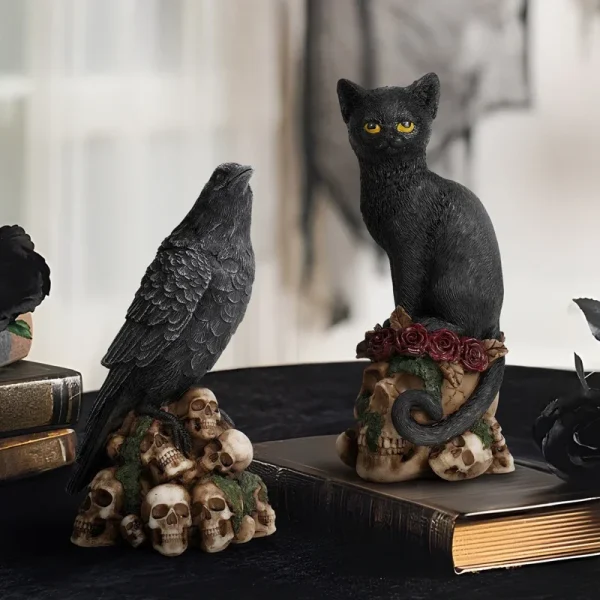 ERMAKOVA Resin Skull Head Sculpture Crow Black Cat Statue Figurine Creative Desktop Skull Figurine Home Office Decor Gift 1