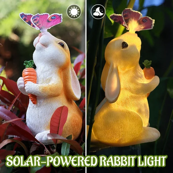 Solar Bunny Statue Decor with Butterfly Resin Animal Sculpture Solar LED Lights Figurine Outdoor Deco for Garden Yard Patio Gift 1