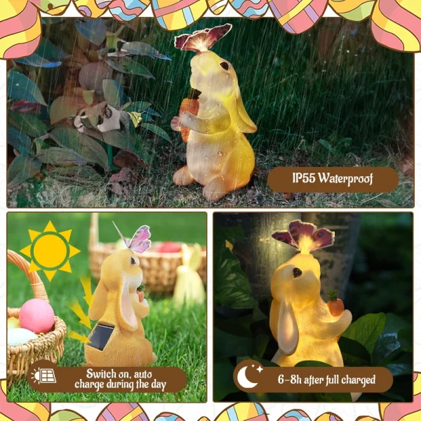 Solar Bunny Statue Decor with Butterfly Resin Animal Sculpture Solar LED Lights Figurine Outdoor Deco for Garden Yard Patio Gift 2