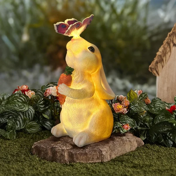 Solar Bunny Statue Decor with Butterfly Resin Animal Sculpture Solar LED Lights Figurine Outdoor Deco for Garden Yard Patio Gift 3