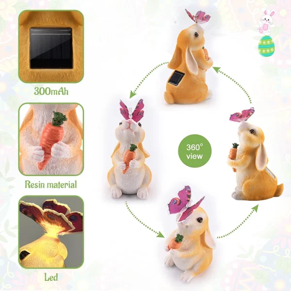 Solar Bunny Statue Decor with Butterfly Resin Animal Sculpture Solar LED Lights Figurine Outdoor Deco for Garden Yard Patio Gift 5