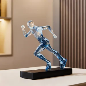 Exquisite Blue Crystal Sculpted Running Man Statue for Home & Office Decoration, Unique Crystal Runner Figurine, White Sculpture 1