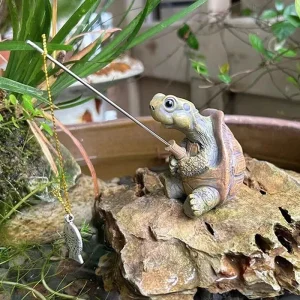Creative Rope Fishing Turtle Statue Cute Simulation Turtle Resin Figurine Animal Sculpture Ornament Outdoor Home Garden Decor 1