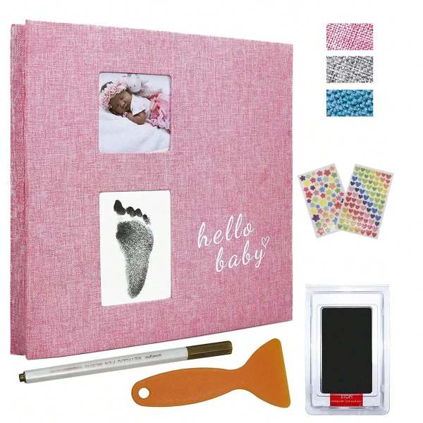 Baby photo album self-adhesive memory book 4x6 clip book set with clean hand print, and metal pen suitable for for boys girls 1