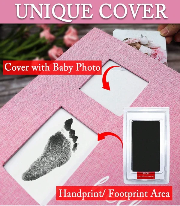 Baby photo album self-adhesive memory book 4x6 clip book set with clean hand print, and metal pen suitable for for boys girls 4