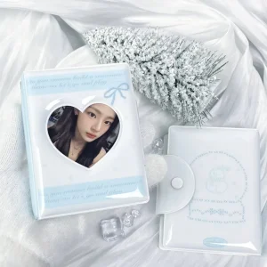 Blue Bow Snowman Crystal Ball Mini Photo Album, Large Capacity Polaroid Photo Card Holder, Pu Material Pop Idol Photo Card Holder, Suitable for Celebrity Album Card Peripheral Animation Card Storage and Protection 1