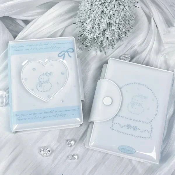 Blue Bow Snowman Crystal Ball Mini Photo Album, Large Capacity Polaroid Photo Card Holder, Pu Material Pop Idol Photo Card Holder, Suitable for Celebrity Album Card Peripheral Animation Card Storage and Protection 3