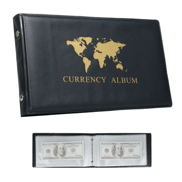 40 Pockets Banknote Currency Collecting Album 20 Sheets Clear Dollar Bill Holders World Money PU Leather Hard Cover Storage 1
