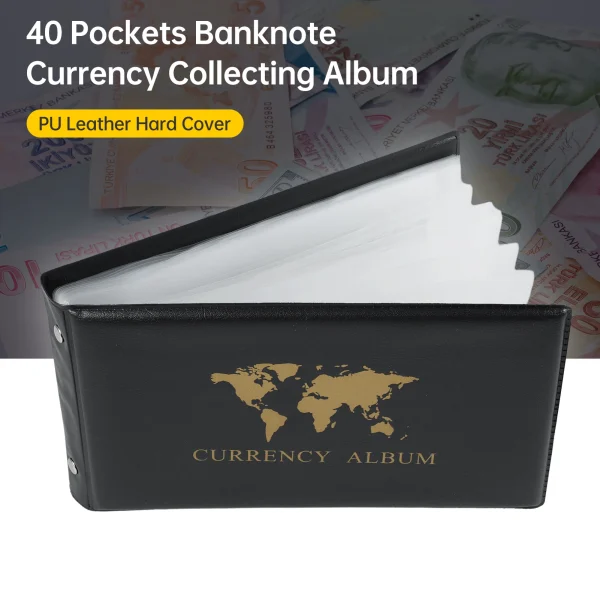 40 Pockets Banknote Currency Collecting Album 20 Sheets Clear Dollar Bill Holders World Money PU Leather Hard Cover Storage 2