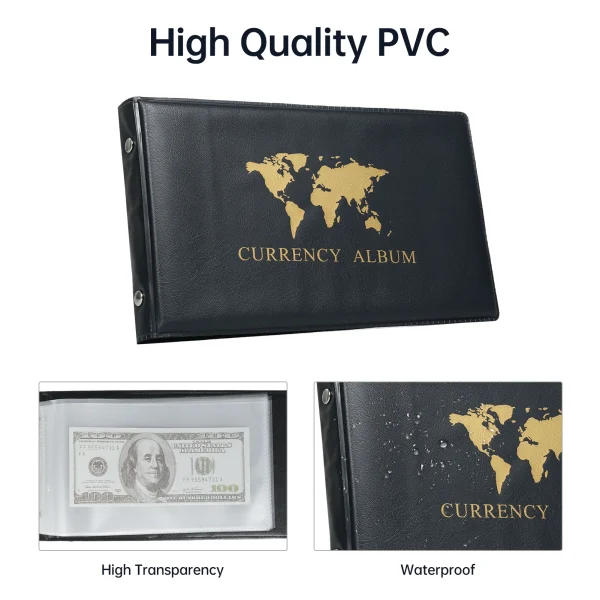40 Pockets Banknote Currency Collecting Album 20 Sheets Clear Dollar Bill Holders World Money PU Leather Hard Cover Storage 3