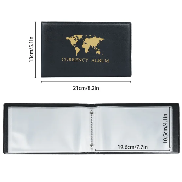 40 Pockets Banknote Currency Collecting Album 20 Sheets Clear Dollar Bill Holders World Money PU Leather Hard Cover Storage 6